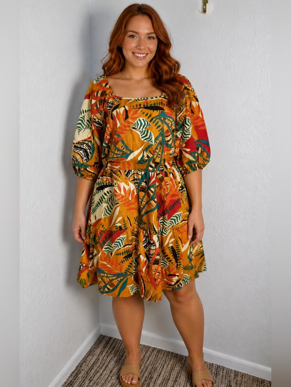 Mlle Gabrielle Square-Neck Tropical Floral Print Dress, Ruffled Hemline, Size 1X
